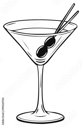 Classic martini glass with two olives and cocktail picks, a simple and elegant drink illustration