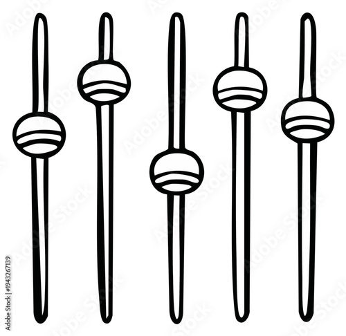 Five hand drawn vertical sliders or faders in a simple outline style representing controls and adjustments