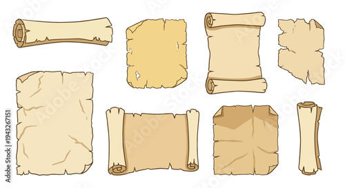 Collection of aged parchment scrolls and paper sheets with rough edges