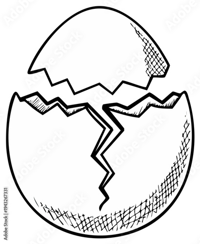 Hand Drawn Cracked Eggshell Hatching Open with Jagged Lines Symbolizing New Beginnings