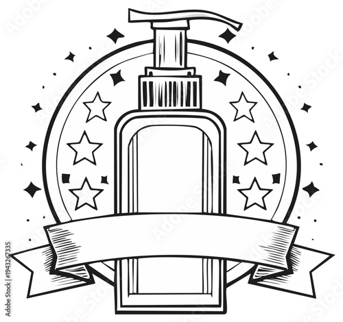Sanitizer bottle design with dispenser, ribbon banner and star circle, black and white line drawing