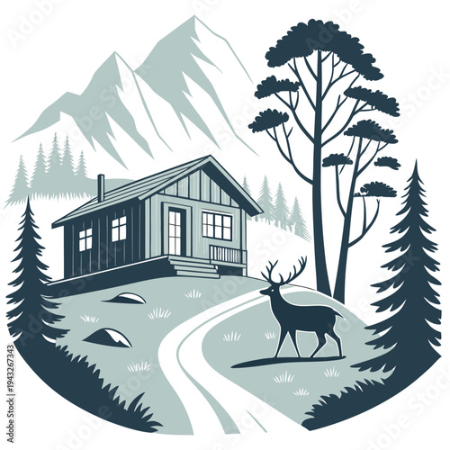 A serene cabin in the woods with a deer walking by, surrounded by trees and mountains in a minimalist vector illustration