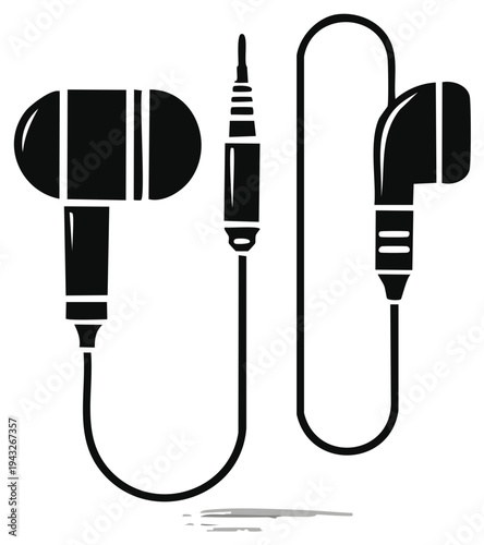 Black icon of in-ear headphones with coiled cord and audio plug