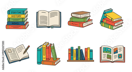 Colorful stack of books and open books with writing tools