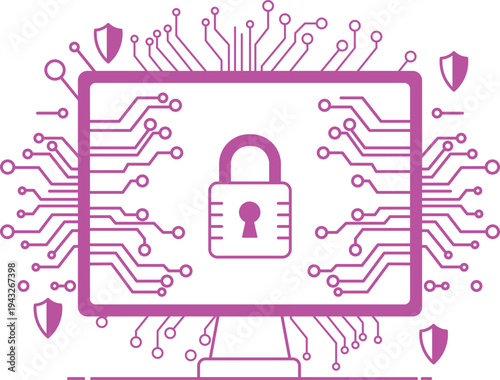 Secure computer screen with padlock and circuit board