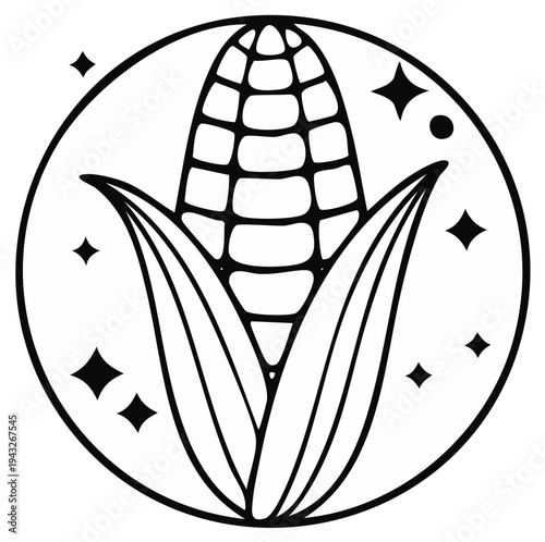 Stylized corn cob illustration with sparkles and stars inside a circle