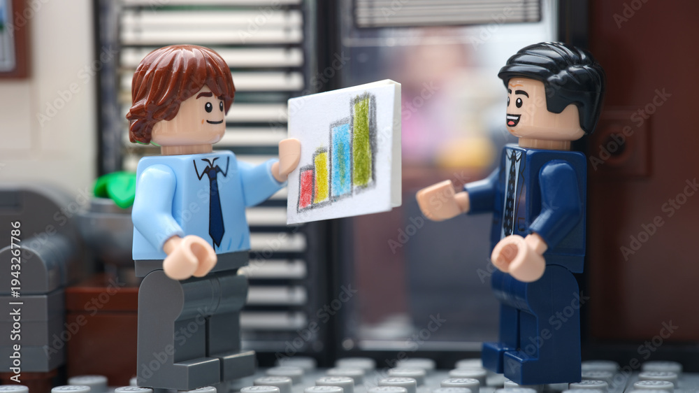Fototapeta premium Tambov, Russian Federation - March 10, 2026 Happy Lego businessperson minifigures discussing graphs showing the results of their successful teamwork.