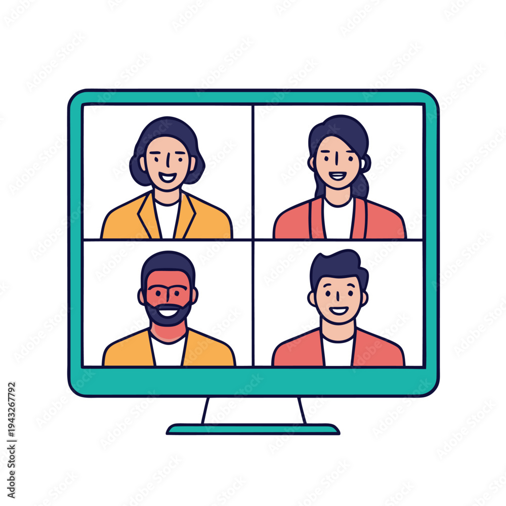 Fototapeta premium Online Video Conference Meeting with Diverse Team on Computer Screen – Remote Work Illustration