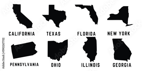 Silhouettes of eight US states with their names: California, Texas, Florida, New York, Pennsylvania, Ohio, Illinois, Georgia