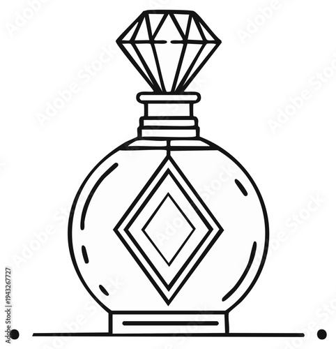 Elegant perfume bottle with diamond stopper and geometric emblem stylized line art