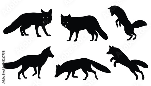 Silhouettes of foxes in different poses running jumping and standing on white background