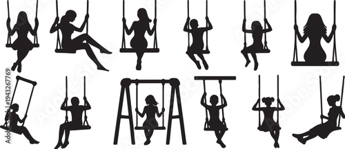 Silhouettes of girls swinging on swings, enjoying outdoor play.