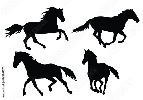 Silhouettes of four galloping horses running in different poses on white background
