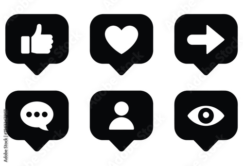 Social media notification icon set, representing alerts, activity updates, message reminders, and interaction notifications for apps and websites, vector