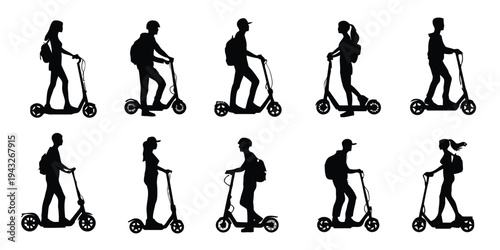 Silhouettes of people riding electric scooters in various poses and styles