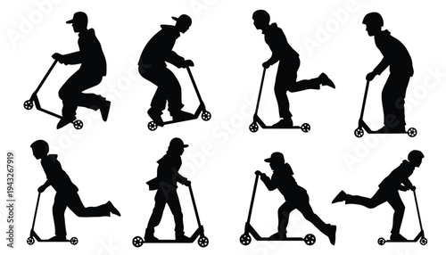 Silhouettes of people performing tricks on scooters in dynamic poses