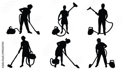 Silhouettes of people vacuuming for cleaning service or domestic themes