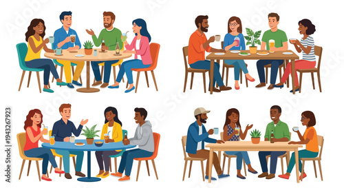 Diverse group of people enjoying casual meals and conversations together