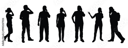 Silhouettes of people talking on cell phones, some walking and standing