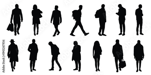 Silhouettes of people walking and standing in city street attire
