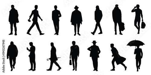 Silhouettes of people walking with bags and umbrellas in city