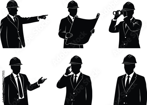Construction engineer, hard hat businessperson, blueprint, binoculars, mobile call, silhouette pose, cad drawing flat vector illustration