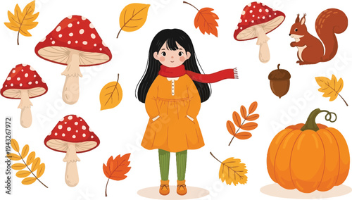 A young girl surrounded by autumnal elements and mushrooms