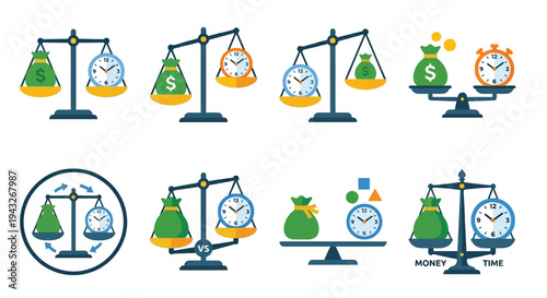 Scales illustrating the balance between money time and value concepts