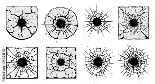 Collection of cracked glass textures, broken window effects, damage symbols
