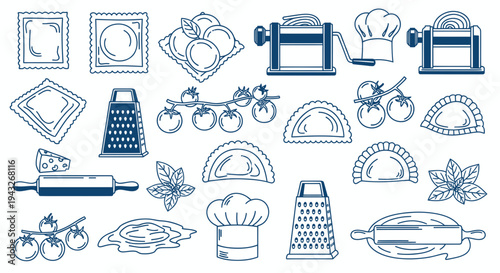 Hand-Drawn Italian Pasta Making Icons: Ravioli, Noodles, Tomatoes, Chef Hats
