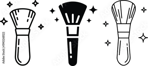 Three makeup brushes with sparkles on a white background for beauty and cosmetics