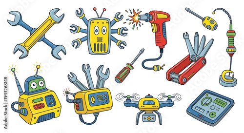 Robots and Tools: Cute Cartoon Characters and Gadgets
