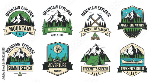 Vintage Mountain Adventure Badges Set: Explorer, Summit Seeker, Trekker, Wilderness