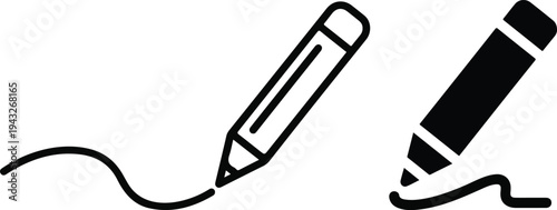 Two black and white illustrations of pencils creating wavy lines