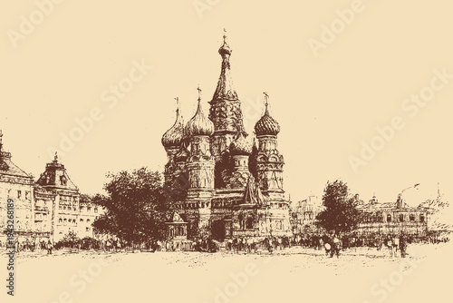 Saint Basil's Cathedral, Russia illustration in a vintage style. This vector illustration can be used in any size you like for advertising, logos, and other work.