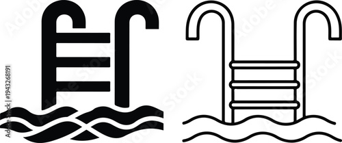 Black and white illustration of swimming pool ladders with water waves