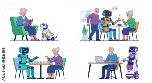 Seniors interacting with robots in various assisted living scenarios