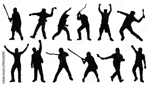 Silhouettes of protesters or rioters with weapons and raised fists