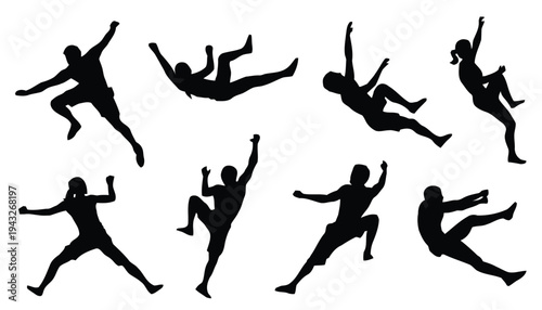 Silhouettes of rock climbers in various dynamic poses, illustrating challenging ascents on a white background