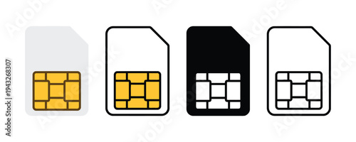 SIM card icons in different styles and colors for mobile devices and telecommunications