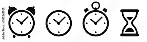 Simple black icons representing various clocks and timekeeping devices