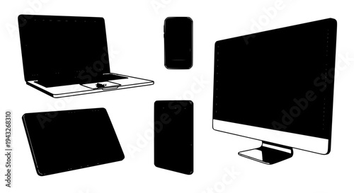 Computer devices set with laptop, desktop, tablet, and smartphone illustrations featuring device, illustration,