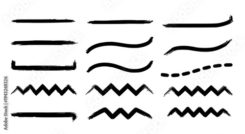 Lines hand drawn set with black curved and zigzag brush strokes and dashed effects featuring design elements, graphic