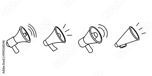 Simple outline icons of megaphones with sound waves indicating announcement