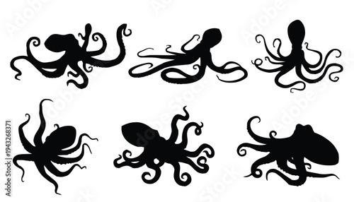 Six black silhouettes of octopuses in different poses for marine illustration