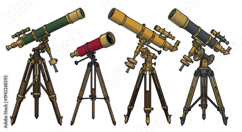 Vintage astronomical telescopes on wooden tripods a detailed illustration