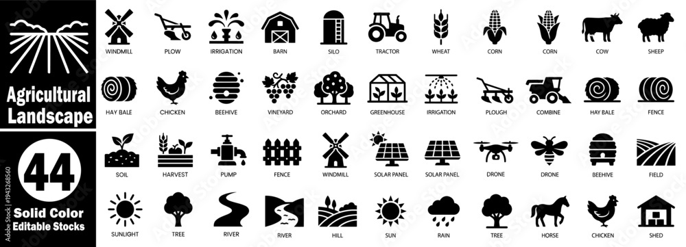 Naklejka premium Agricultural landscape solid icons set for farming and rural life vector illustrator.