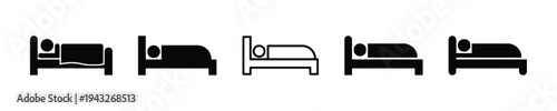 Sleeping person in bed icons set flat and outline style
