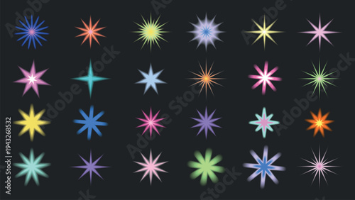 Colorful starburst shapes on a dark background. Various vibrant starburst designs in multiple colors. Bright starburst patterns in a grid layout. Cute glowing element set vector.