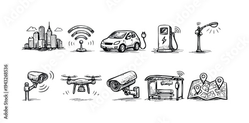 Smart city technology and urban infrastructure icons hand-drawn sketch style